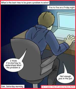 Remove R Comic (aka rm -r comic), by Gary Marks:Java plus pot equals equilibrium 
Dialog: 
Don't feel bad, after all, it's what developers do for fun, right? 
 
Panel 1 
Caption: When't the best time to be given a problem to solve? 
Five to five on a Friday night. 
Gary: I think I'm starting to understand what the problem is. Not enough java in the pot. 
Caption: 2am, Saturday morning. 