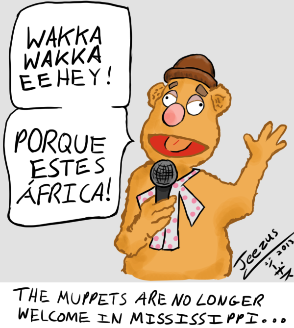 Remove R Comic (aka rm -r comic), by Gary Marks: Guest Comic 5 
Dialog: 
Panel 1 
Fozzie: WAKKA WAKKA EEHEY! PORQUE ESTES ARFRICA! 
Caption: THE MUPPETS ARE NO LONGER WELCOME IN MISSISSIPPI... 
By Jeezus