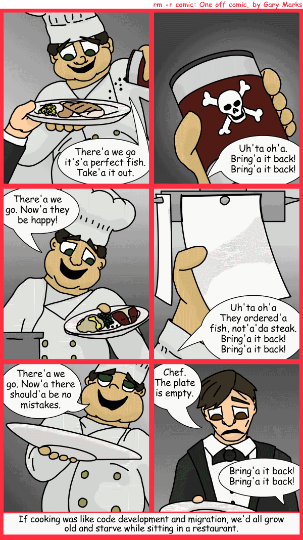 Remove R Comic (aka rm -r comic), by Gary Marks: Cooking with code 
Dialog: 
Mmmmmm tastes like... failure. 
 
Panel 1 
Chef Gispachio: There'a we go it's'a perfect fish. Take'a it out. 
Panel 2 
Chef Gispachio: Uh'ta oh'a. Bring'a it back! Bring'a it back! 
Panel 3 
Chef Gispachio: There'a we og. Now'a they be happy! 
Panel 4 
Chef Gispachio: Uh'ta oh'a They ordered'a fish, not'a'da steak. Bring'a it back! Bring'a it back! 
Panel 5 
Chef Gispachio: There'a we go. Now'a there should'a be no mistakes. 
Panel 6 
Confused Waiter: Chef. The plate is empty. 
Chef Gispachio: Bring'a it back! Bring'a it back! 
Caption: If cooking was like code development and migration, we'd all grow old and starve while sitting in a restaurant.