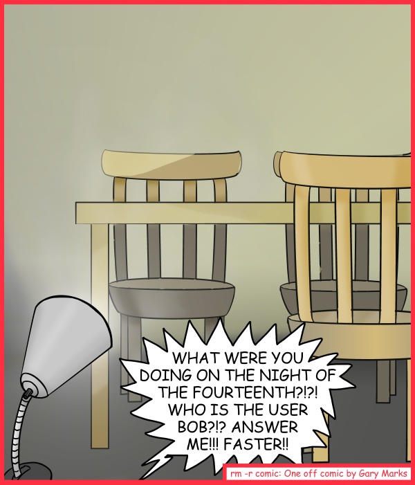 Remove R Comic (aka rm -r comic), by Gary Marks: Querying the table 
Dialog: 
Just another reason DBAs think I'm nuts. 
 
Panel 1 
Gary: WHAT WERE YOU DOING ON THE NIGHT OF THE FOURTEENTH?!?! WHO IS THE USER BOB?!? ANSWER ME!!! FASTER!! 