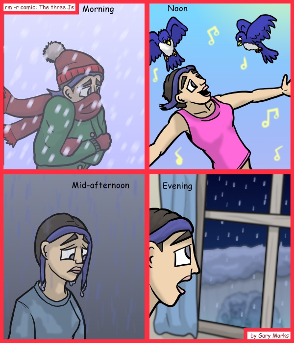 Remove R Comic (aka rm -r comic), by Gary Marks: A typical winter day in Denver 
Dialog: 
From 0 to 60 in under four hours, not bad performance for a city. 
 
Panel 1 
Caption: Morning 
Panel 2 
Caption: Noon 
Panel 3 
Caption: Mid-afternoon 
Panel 4 
Caption: Evening 
